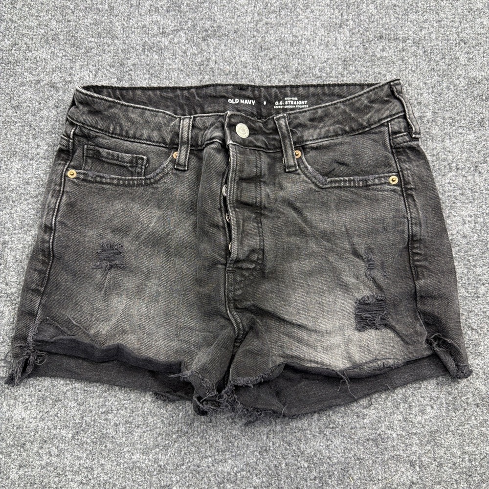 Old Navy OG Straight High-Rise Distressed Denim Shorts Black Cut Offs Womens 8
